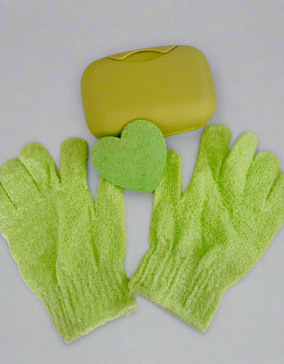 Exfoliating Gloves, Sponge + Soap Case