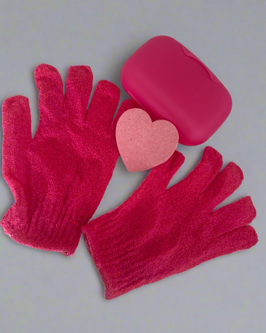 Exfoliating Gloves, Sponge + Soap Case