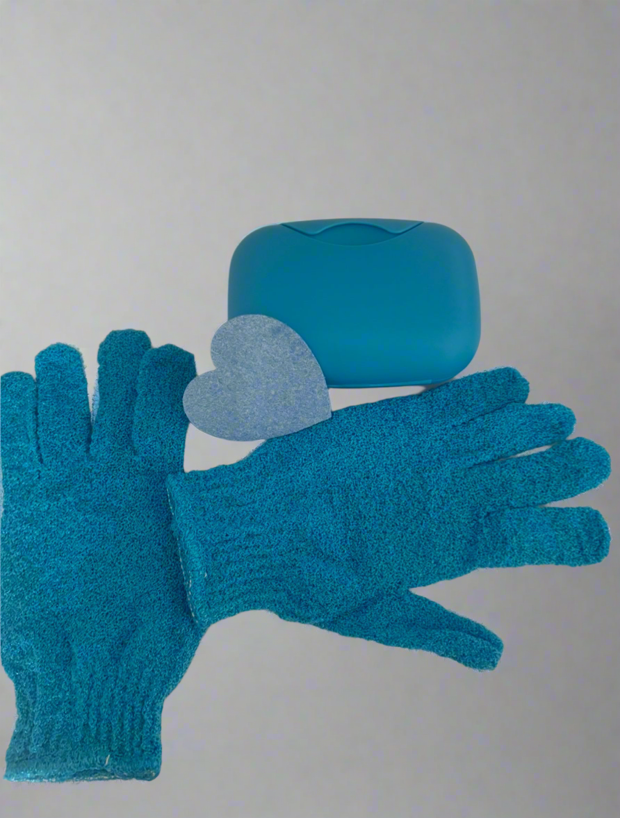 Exfoliating Gloves, Sponge + Soap Case