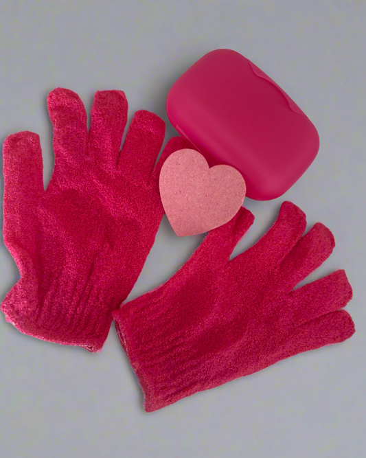Exfoliating Gloves, Sponge + Soap Case